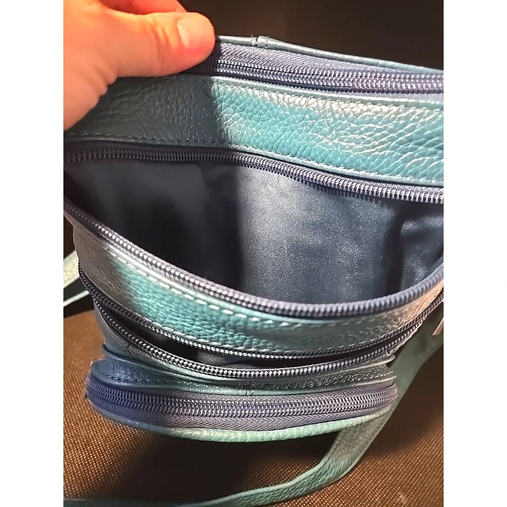 Genuine Cross Body Purse Bag, Multi-Pocket Teal Aqua Blue